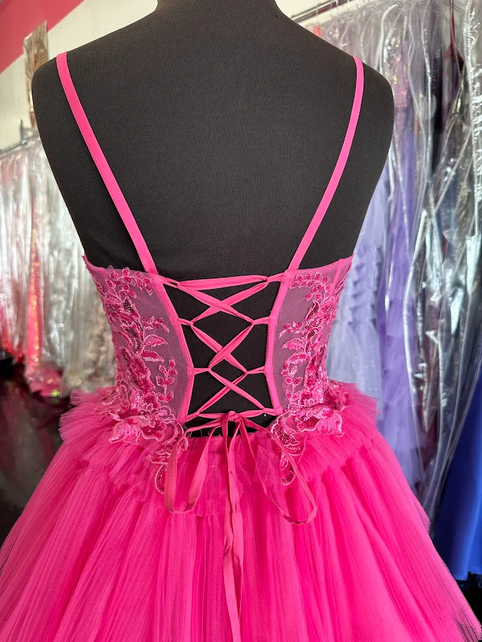 Nina Canacci 1582 Size 4 Fuchsia Pleated Ruffle Ballgown Prom Dress Sheer Lace Corset A Line Formal Gown - Image 3