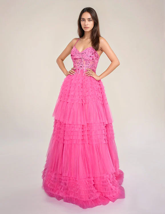 Nina Canacci 1582 Size 4 Fuchsia Pleated Ruffle Ballgown Prom Dress Sheer Lace Corset A Line Formal Gown - Image 4