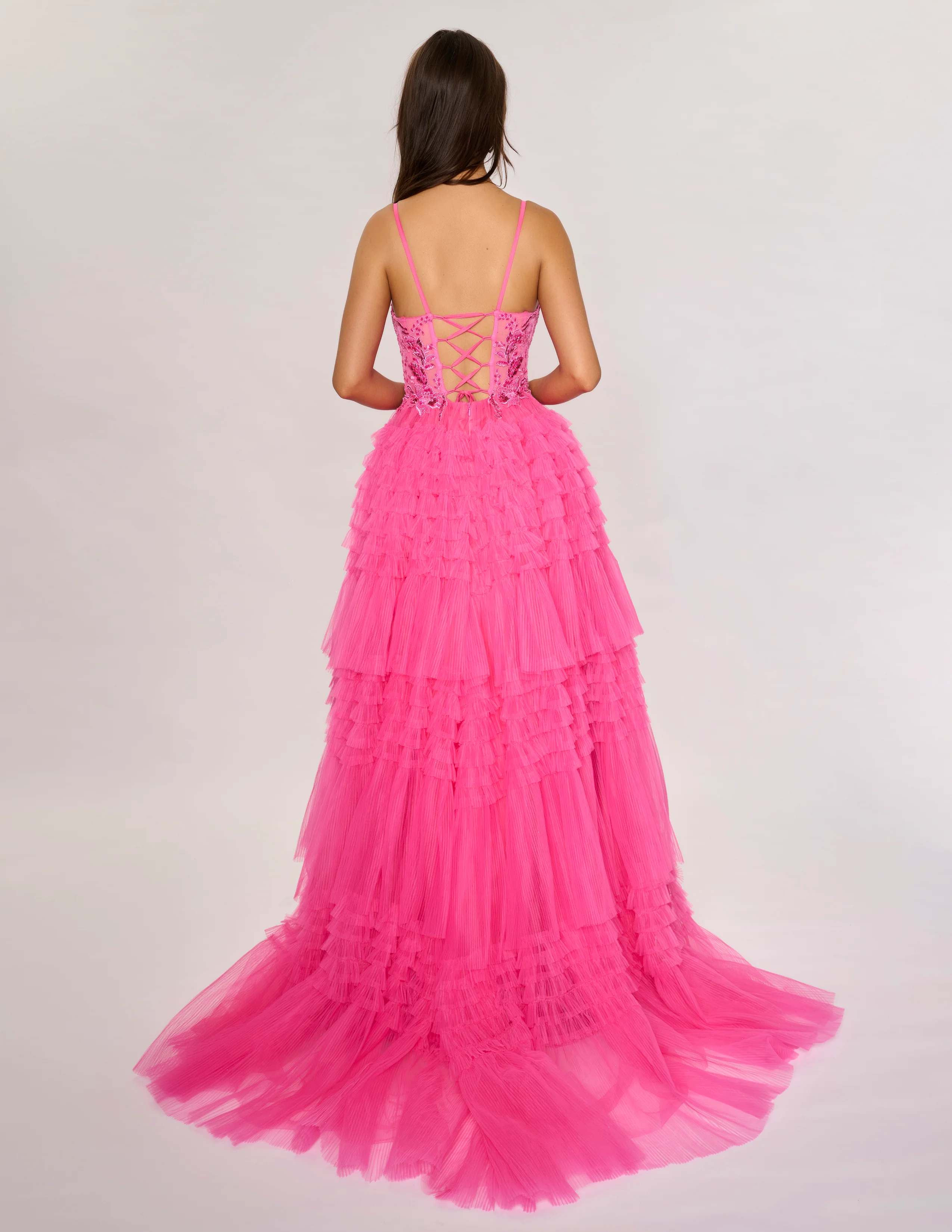 Nina Canacci 1582 Size 4 Fuchsia Pleated Ruffle Ballgown Prom Dress Sheer Lace Corset A Line Formal Gown - Image 6