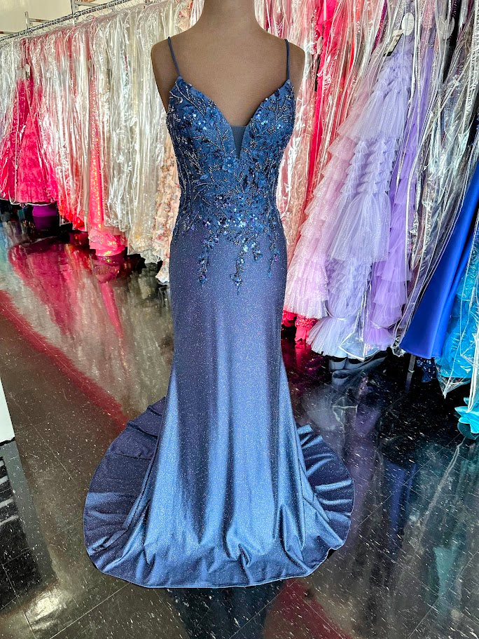 Nina Canacci 1591 Size 4 Navy Long Fitted Shimmer Sequin Prom Dress Lace Evening Gown Mother of