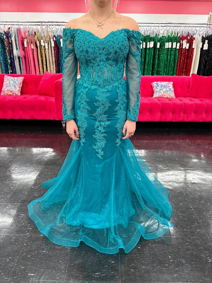 Nina Canacci 1593 Size 4 Teal Shimmer Lace Mermaid Dress Corset Long Sleeve Mother Of Evening Gown