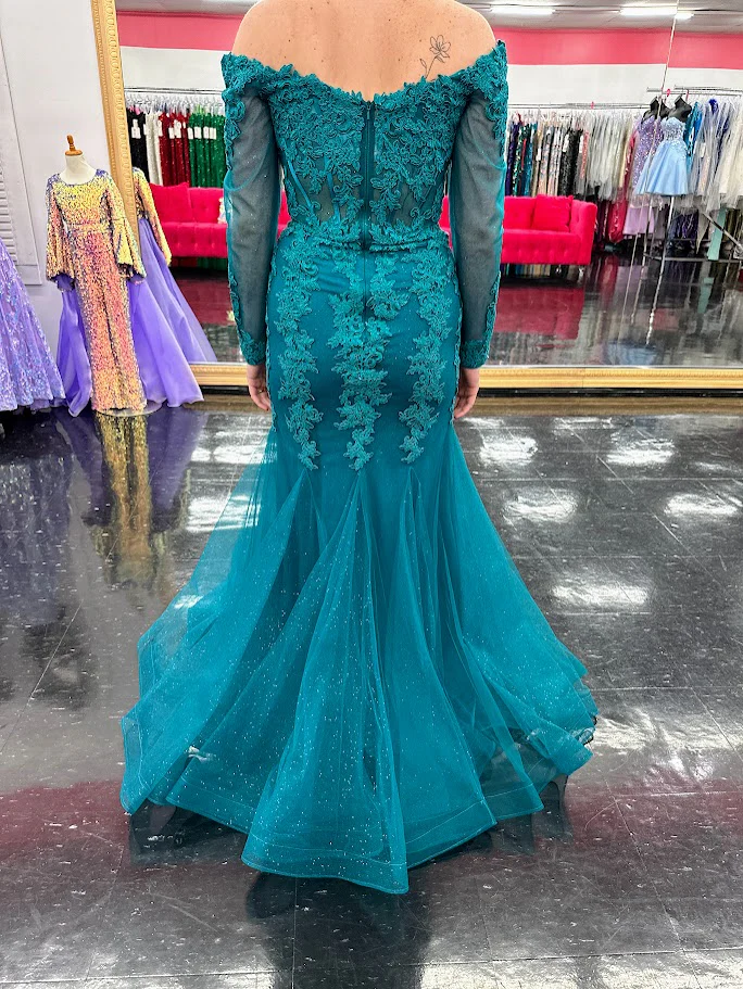 Nina Canacci 1593 Size 4 Teal Shimmer Lace Mermaid Dress Corset Long Sleeve Mother Of Evening Gown - Image 2