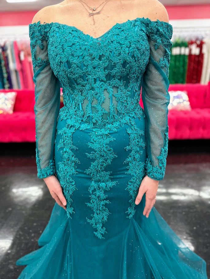 Nina Canacci 1593 Size 4 Teal Shimmer Lace Mermaid Dress Corset Long Sleeve Mother Of Evening Gown - Image 3