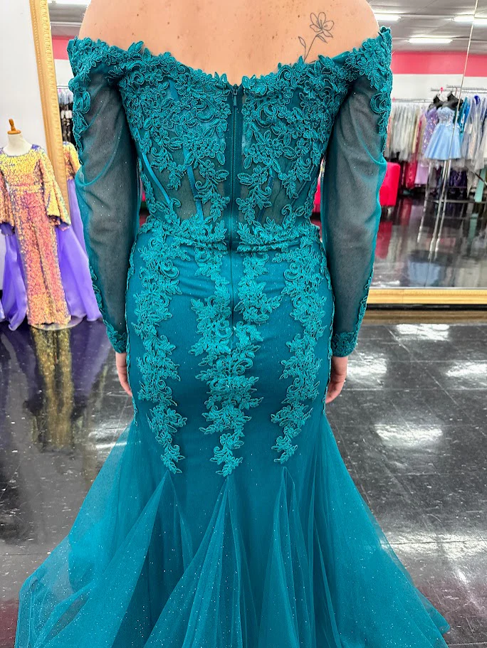 Nina Canacci 1593 Size 4 Teal Shimmer Lace Mermaid Dress Corset Long Sleeve Mother Of Evening Gown - Image 4