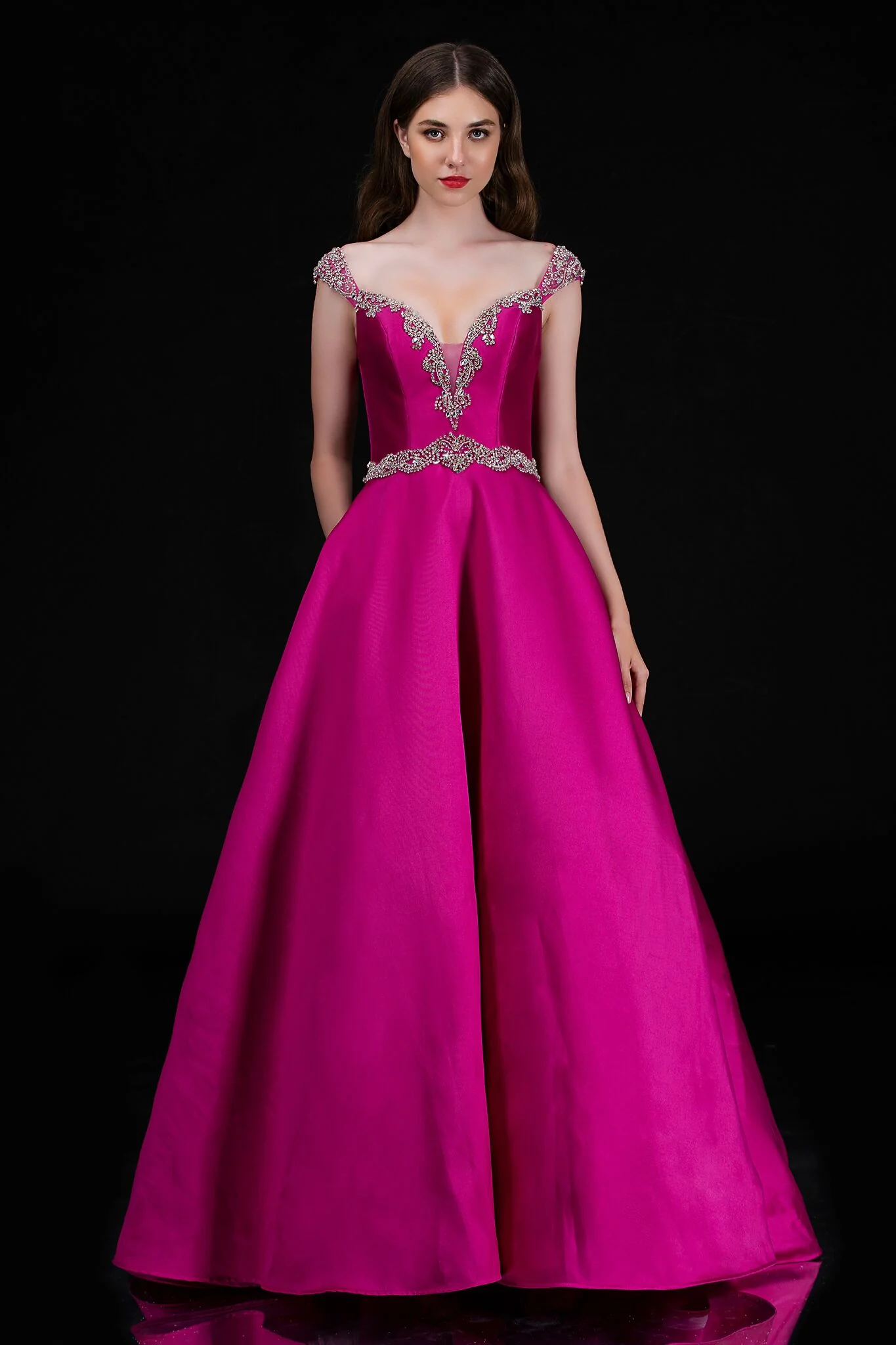 Nina Canacci 2265 Size 4 Fuchsia Crystal Off the Shoulder Prom Dress V Neck Ball Gown - Image 3