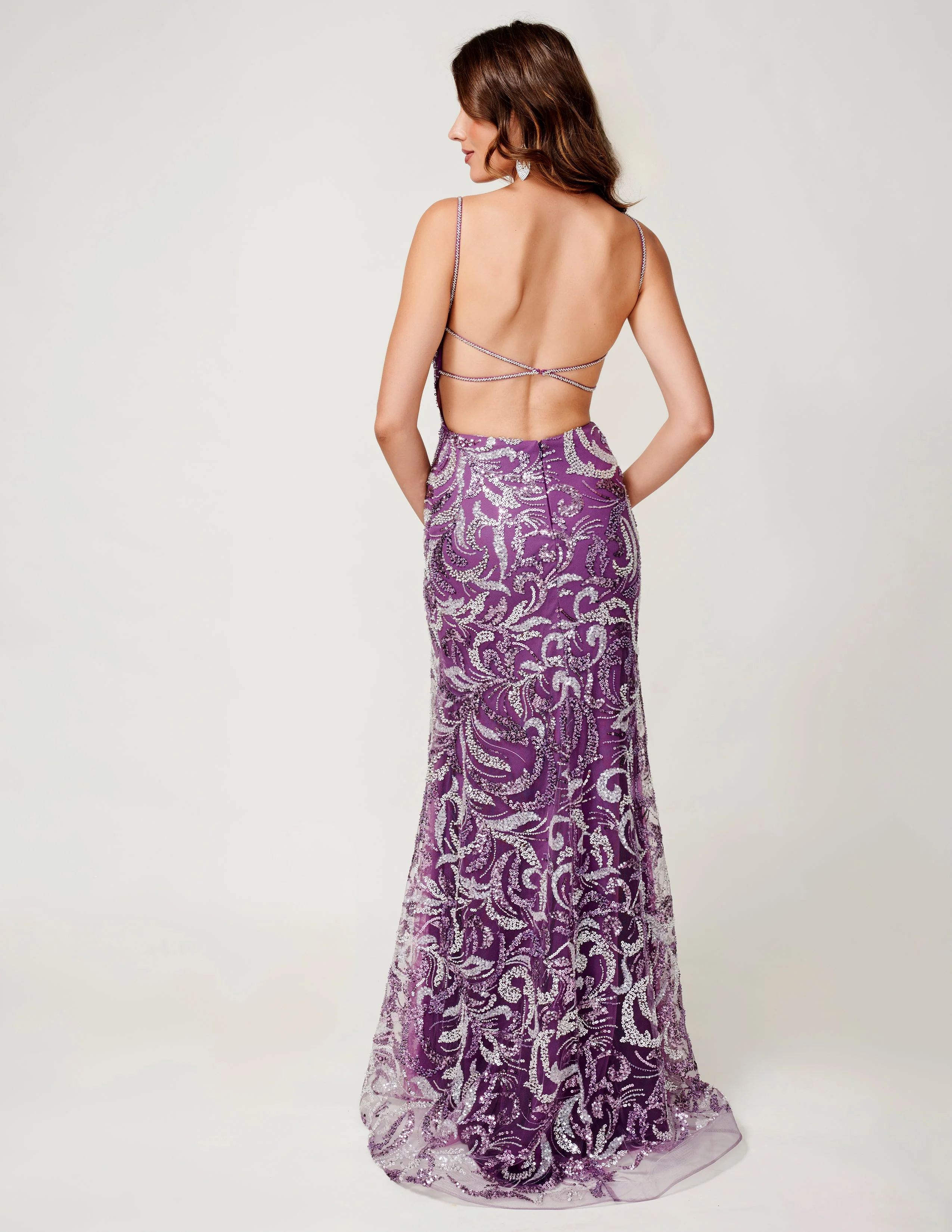 Nina Canacci 3243 Size 4 Purple Beaded Sequin Backless Formal Dress Prom Slit Evening Gown V Neck - Image 2