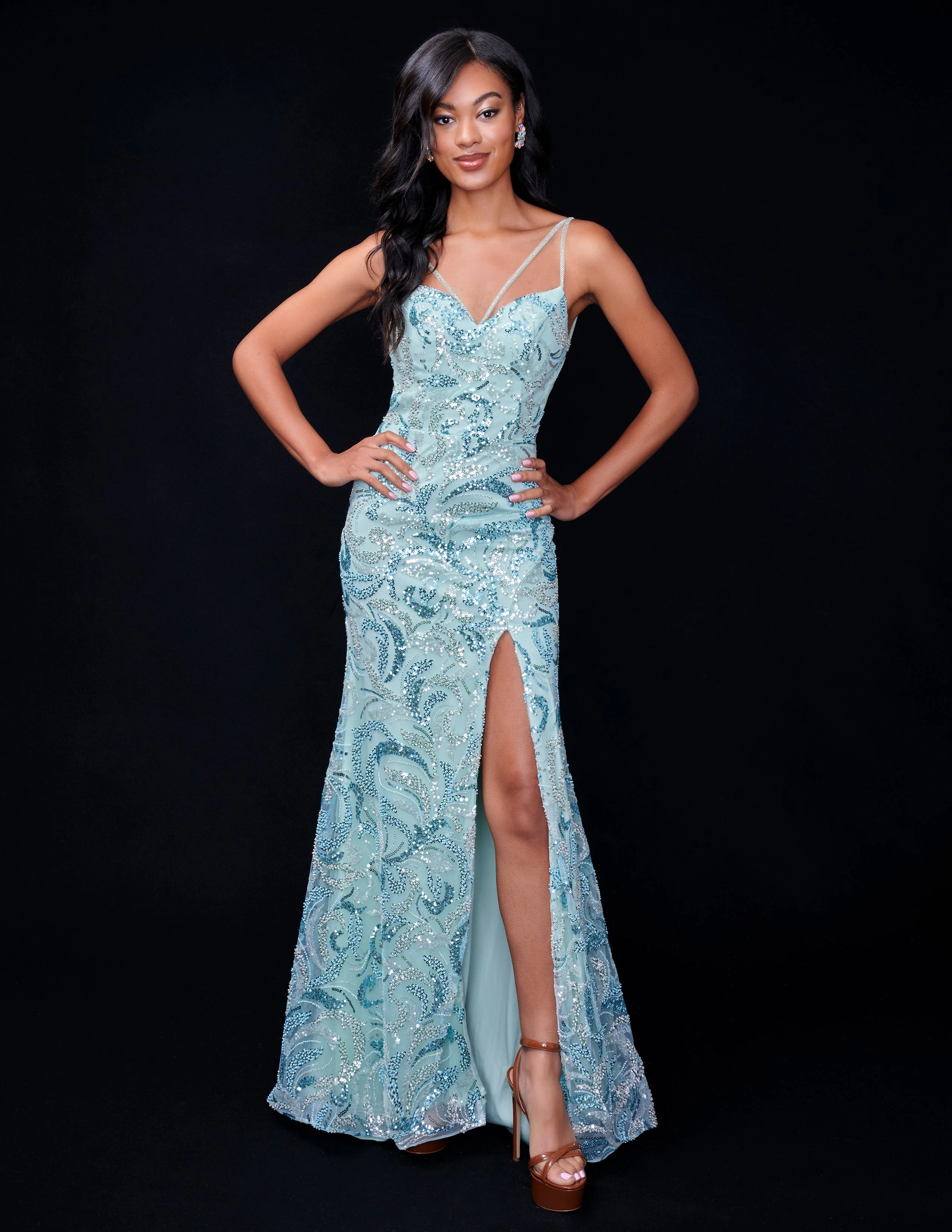 Nina Canacci 3243 Size 4 Purple Beaded Sequin Backless Formal Dress Prom Slit Evening Gown V Neck - Image 3