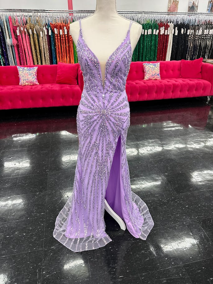 Nina Canacci 3267 Size 4 Lilac Beaded Sequin Prom Dress Slit V Neck Formal Gown Pageant