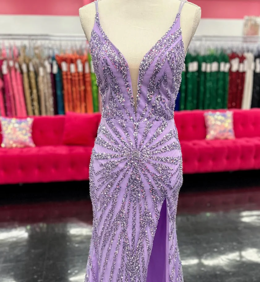 Nina Canacci 3267 Size 4 Lilac Beaded Sequin Prom Dress Slit V Neck Formal Gown Pageant - Image 2