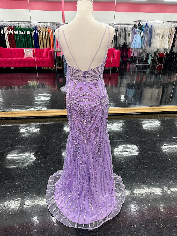 Nina Canacci 3267 Size 4 Lilac Beaded Sequin Prom Dress Slit V Neck Formal Gown Pageant - Image 3