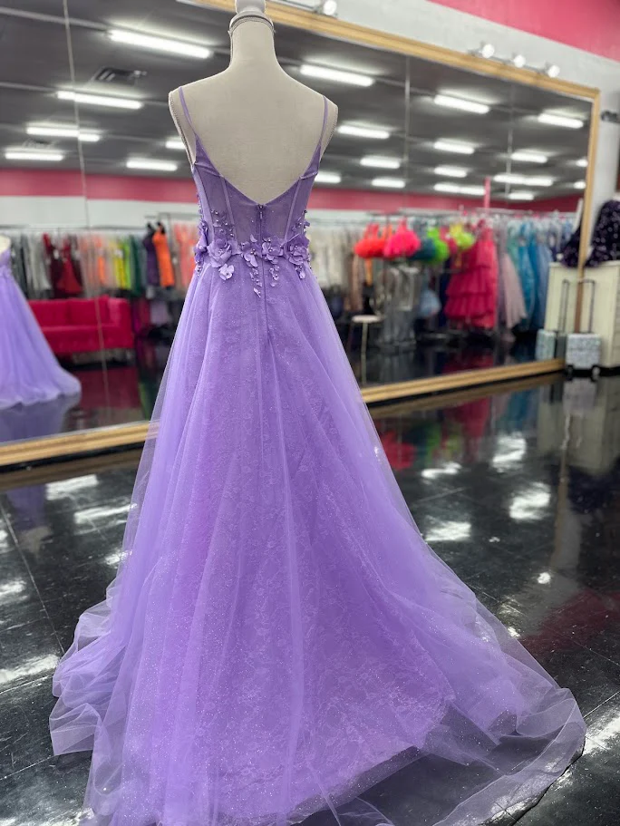 Nina Canacci 3268 Size 4 Lilac Lace Shimmer A Line Floral Prom Dress V Neck 3D Flower Corset - Image 2