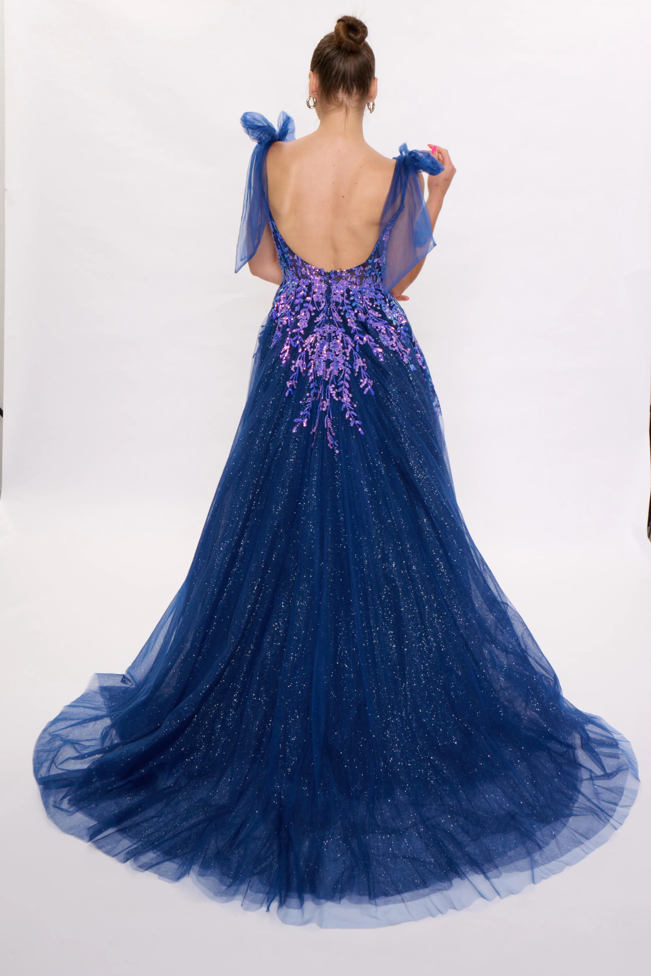 Nina Canacci 3269 Size 8 Navy Bow A Line Prom Dress Sheer Sequin Ballgown Formal Maxi Slit Gown - Image 3