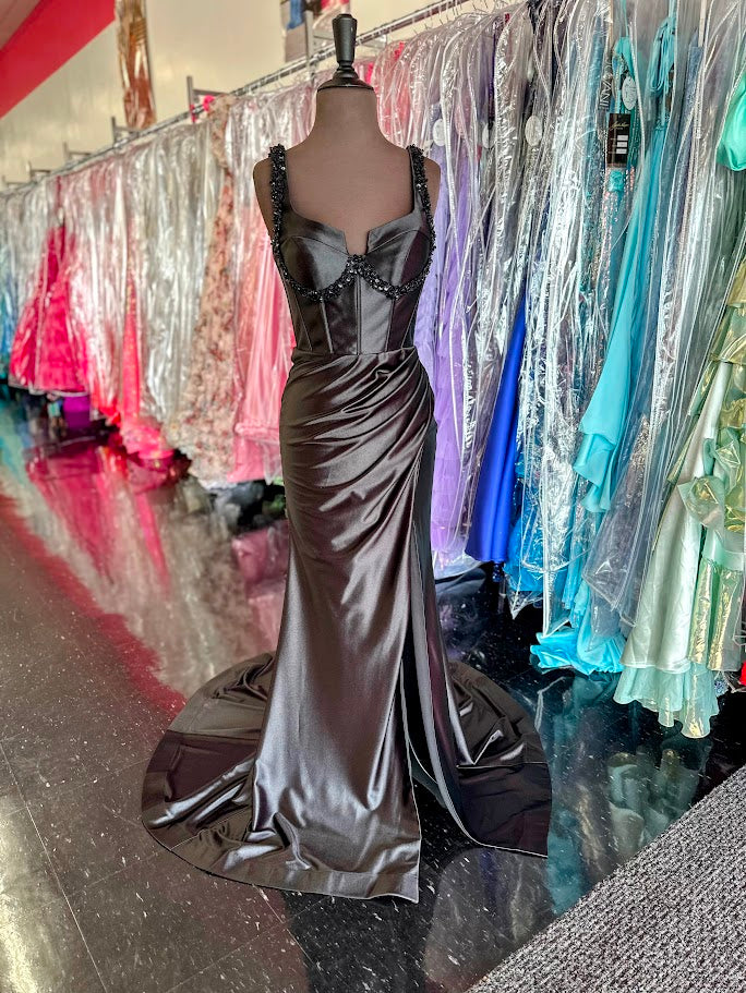 Nina Canacci 3271 Size 4 Black Long Fitted Satin Prom Dress Corset Slit Formal Evening Gown Beaded - Image 3