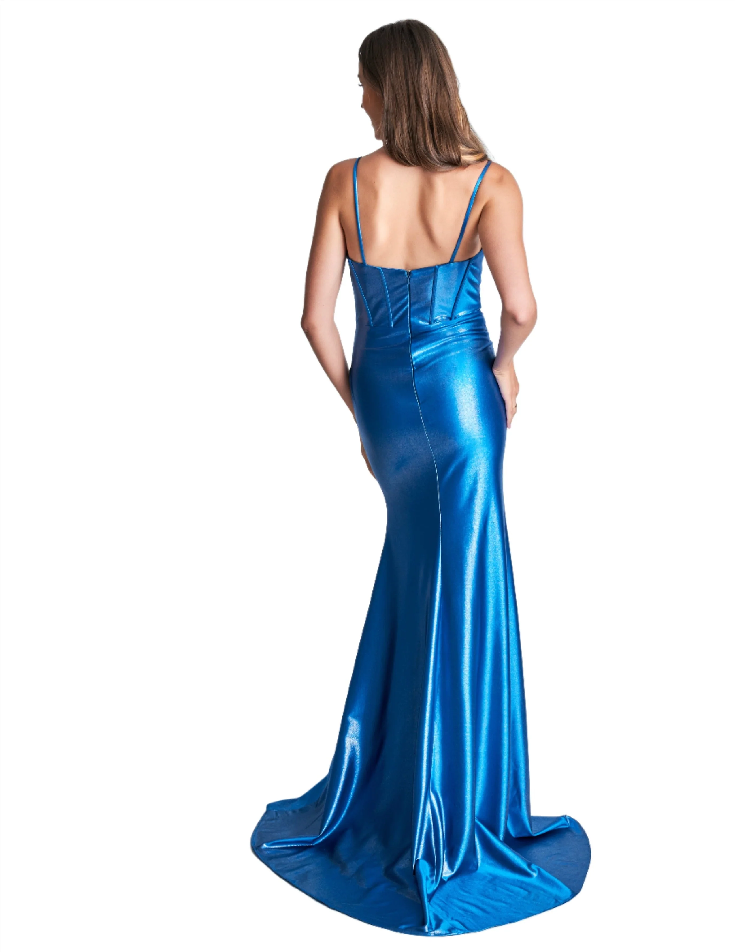Nina Canacci 4404 Size 4 Peacock Shimmer Jersey Corset Fitted Prom Dress Slit V Neck Ruched formal gown - Image 2