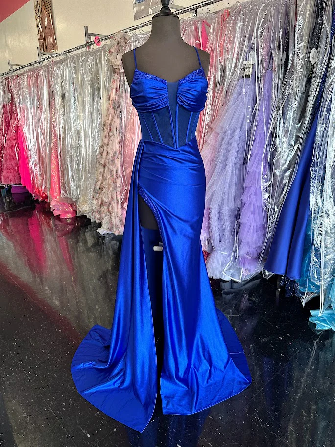 Nina Canacci 4409 Size 4 Royal Long Satin Sheer Corset Prom Dress Slit Overskirt Pageant Gown