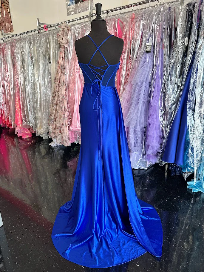 Nina Canacci 4409 Size 4 Royal Long Satin Sheer Corset Prom Dress Slit Overskirt Pageant Gown - Image 3