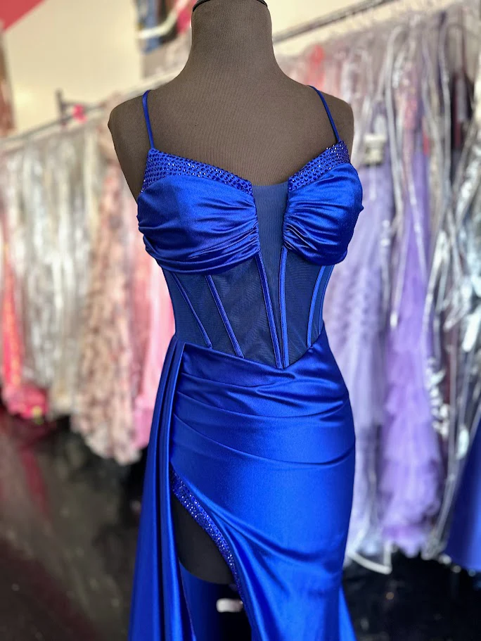 Nina Canacci 4409 Size 4 Royal Long Satin Sheer Corset Prom Dress Slit Overskirt Pageant Gown - Image 4