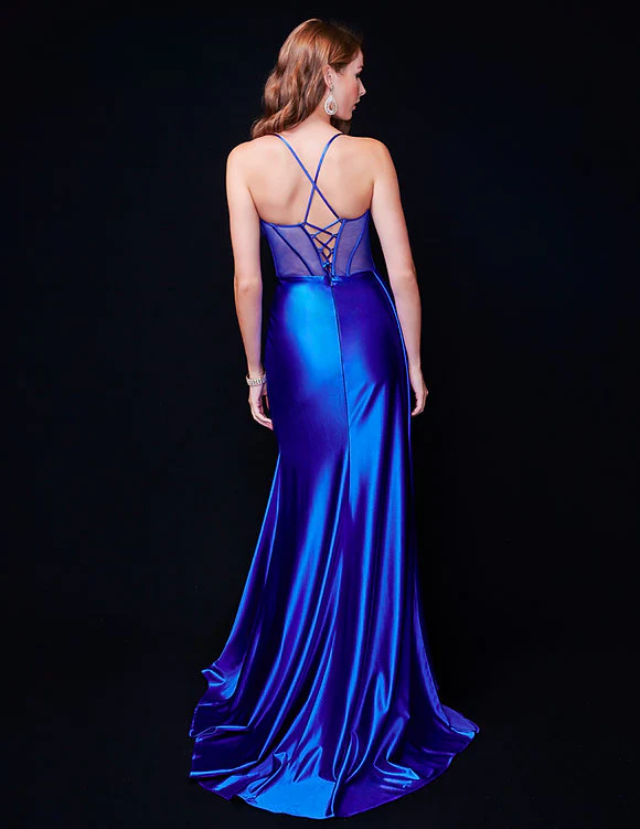 Nina Canacci 4409 Size 4 Royal Long Satin Sheer Corset Prom Dress Slit Overskirt Pageant Gown - Image 5