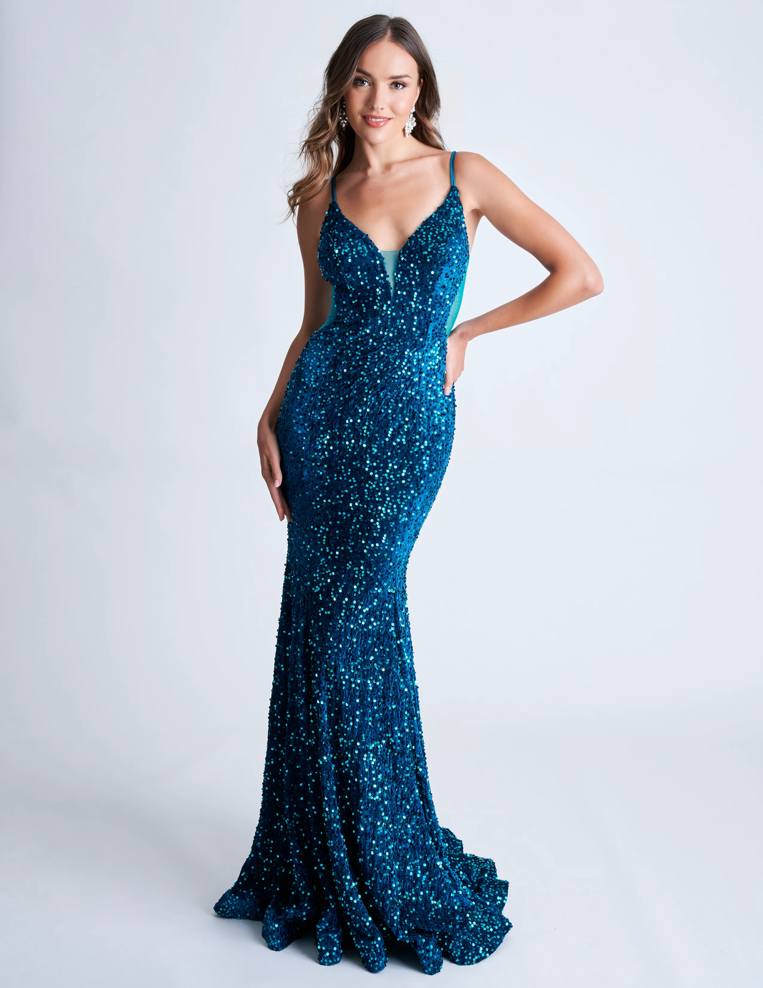 Nina Canacci 4420 Velvet Sequin Mermaid Prom Dress Formal Evening Gown Sheer V Neck - Image 3