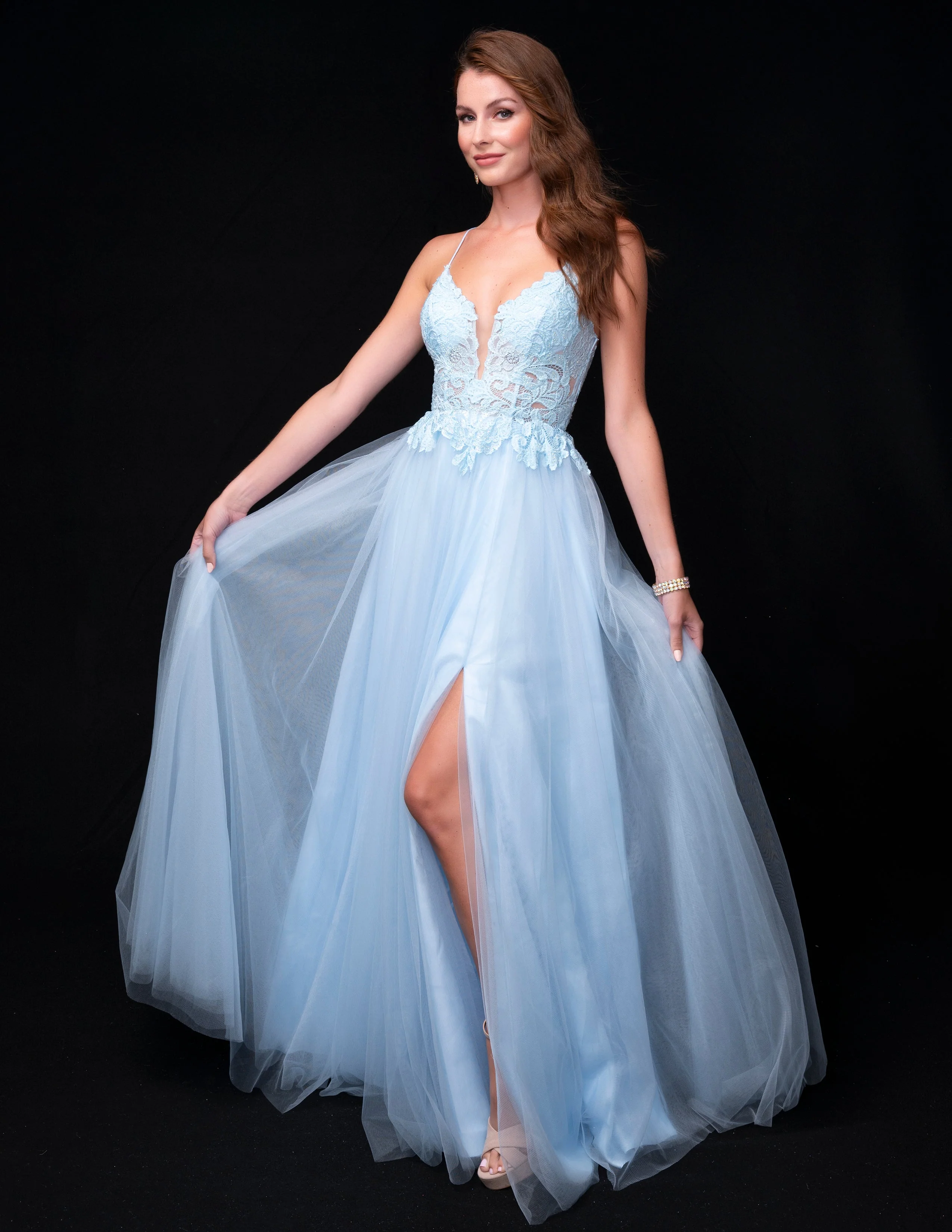 Nina Canacci 4421 Size 4 Baby Blue Sheer Lace A Line Prom Dress Maxi Slit Corset Formal Ball Gown