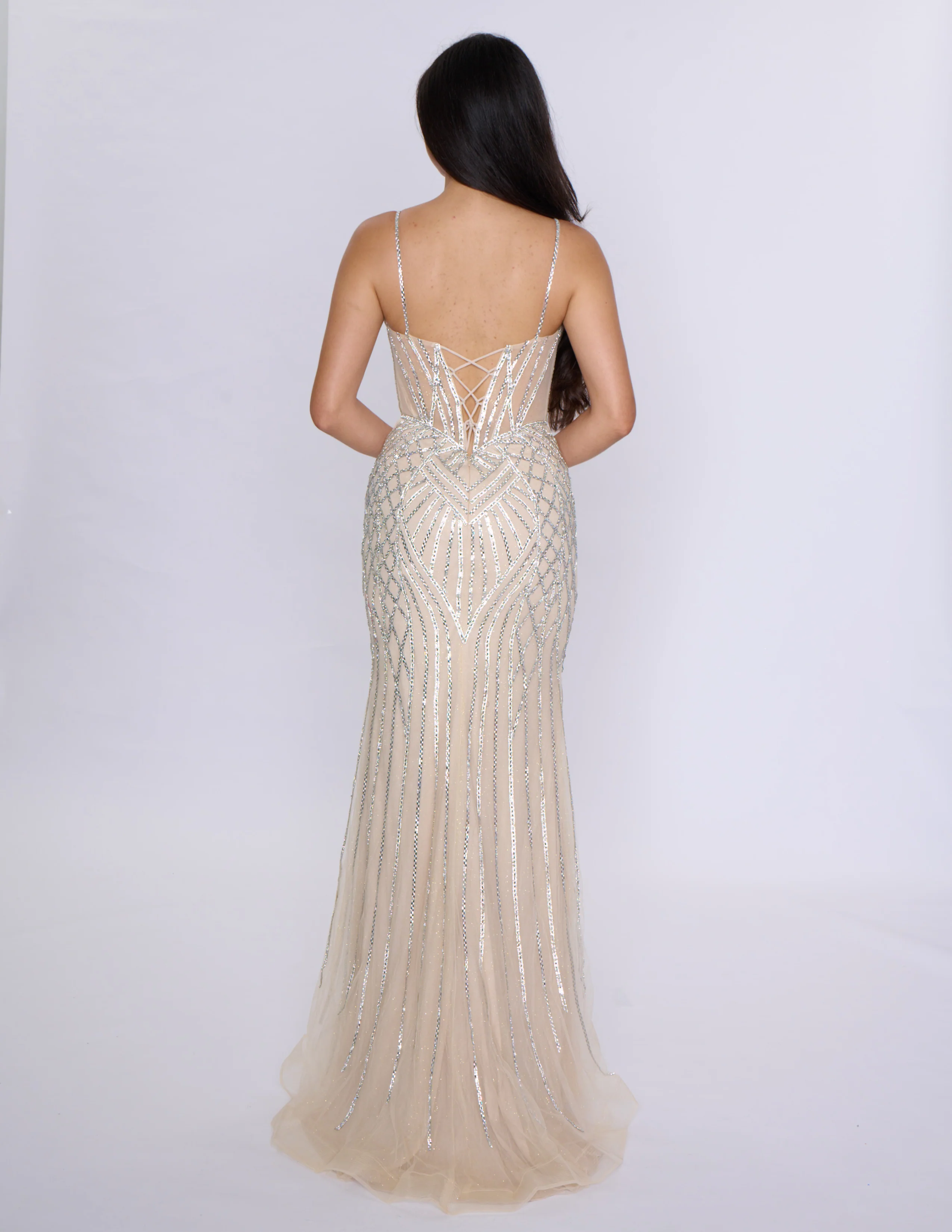 Nina Canacci 4428 Sheer Fitted Crystal Prom Dress Formal Evening Gown Corset V Neck - Image 5