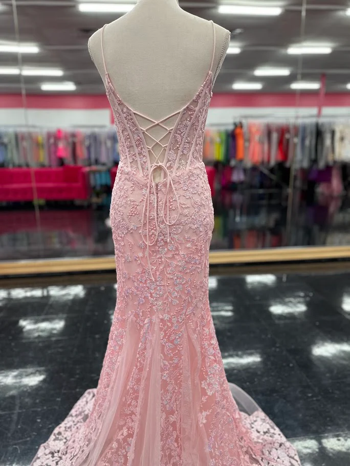 Nina Canacci 4434 Size 4 Peach Sheer Lace Corset Mermaid Prom Dress Sequin Formal V Neck Gown - Image 4