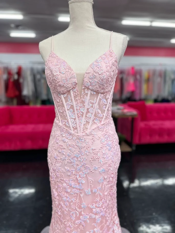 Nina Canacci 4434 Size 4 Peach Sheer Lace Corset Mermaid Prom Dress Sequin Formal V Neck Gown - Image 5