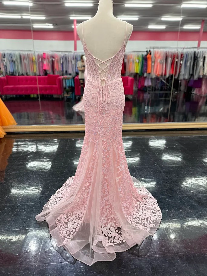 Nina Canacci 4434 Size 4 Peach Sheer Lace Corset Mermaid Prom Dress Sequin Formal V Neck Gown - Image 6