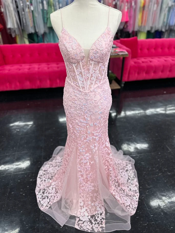 Nina Canacci 4434 Size 4 Peach Sheer Lace Corset Mermaid Prom Dress Sequin Formal V Neck Gown - Image 7