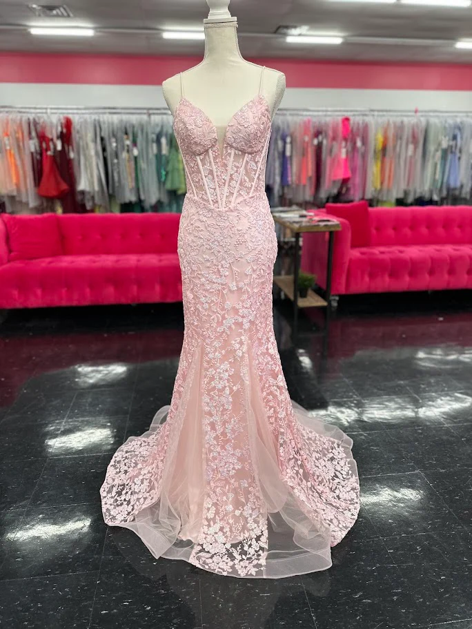 Nina Canacci 4434 Size 4 Peach Sheer Lace Corset Mermaid Prom Dress Sequin Formal V Neck Gown - Image 8