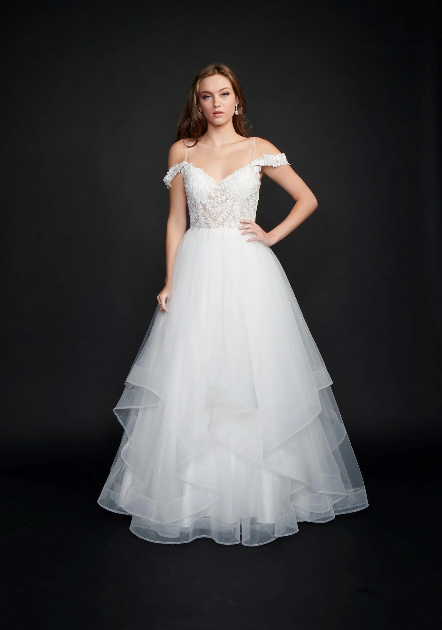 Nina Canacci 5205 Size 12 Long Sheer Ruffle Ballgown off the Shoulder Bridal Gown Dress - Image 9
