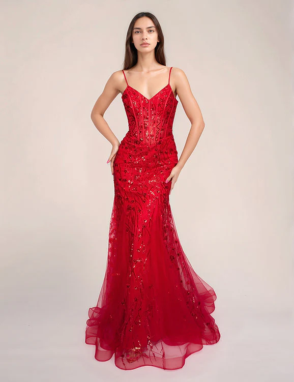 Nina Canacci 5300 Size 8 Red Sheer Sequin Lace Corset Prom Dress Mermaid Evening Gown