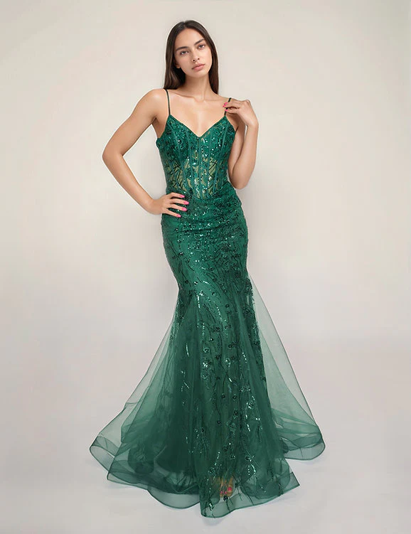 Nina Canacci 5300 Size 8 Red Sheer Sequin Lace Corset Prom Dress Mermaid Evening Gown - Image 2