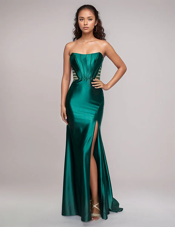 Nina Canacci 5307 Size 6 Green Long Fitted Strapless Corset Sheer Prom Dress Evening Gown Slit Satin