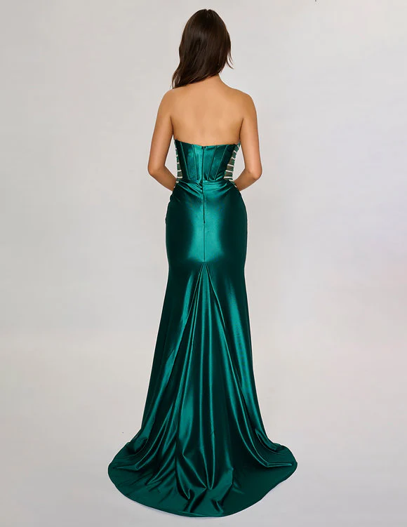 Nina Canacci 5307 Size 6 Green Long Fitted Strapless Corset Sheer Prom Dress Evening Gown Slit Satin - Image 2