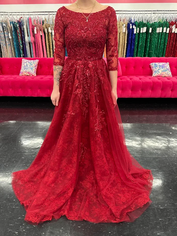 Nina Canacci 5311 Size 4 Burgundy Lace A Line Mother Of Dress Formal Sleeve Gown High Neck Evening