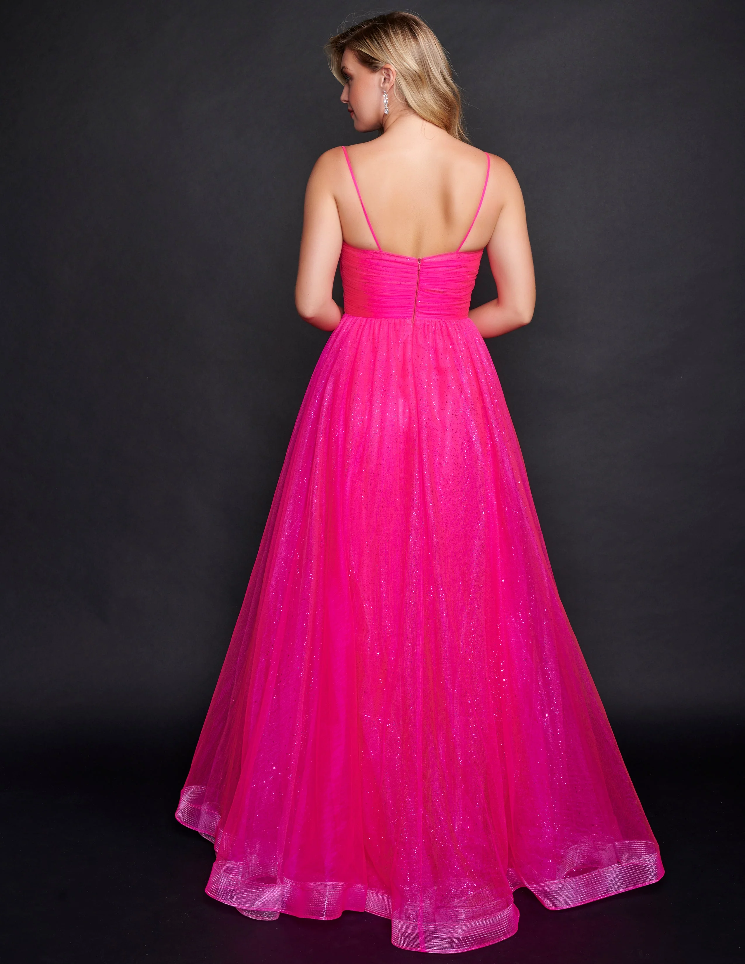 Nina Canacci 6580 Hot Pink A Line Glitter Tulle Prom Dress with Slit size 2, 4, 6 - Image 2