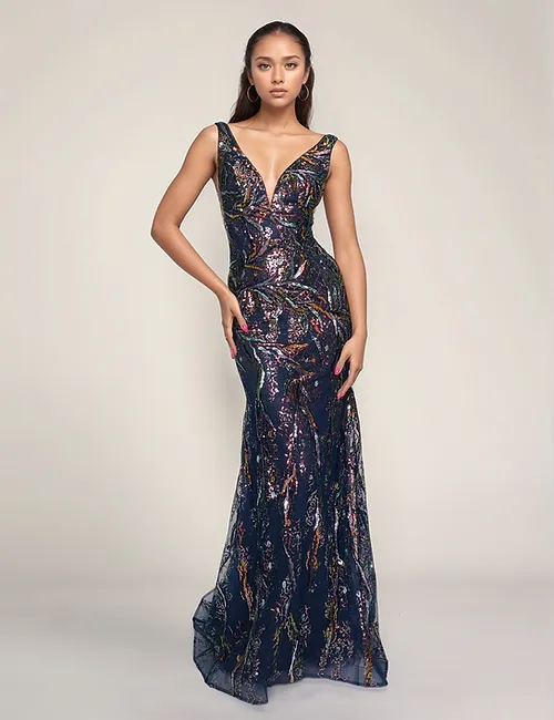 Nina Canacci 6628 Plunging Neckline Prom Dress Sheer Panels Fit and Flare Sequin Formal Gown