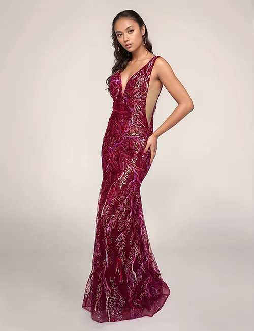 Nina Canacci 6628 Plunging Neckline Prom Dress Sheer Panels Fit and Flare Sequin Formal Gown - Image 2