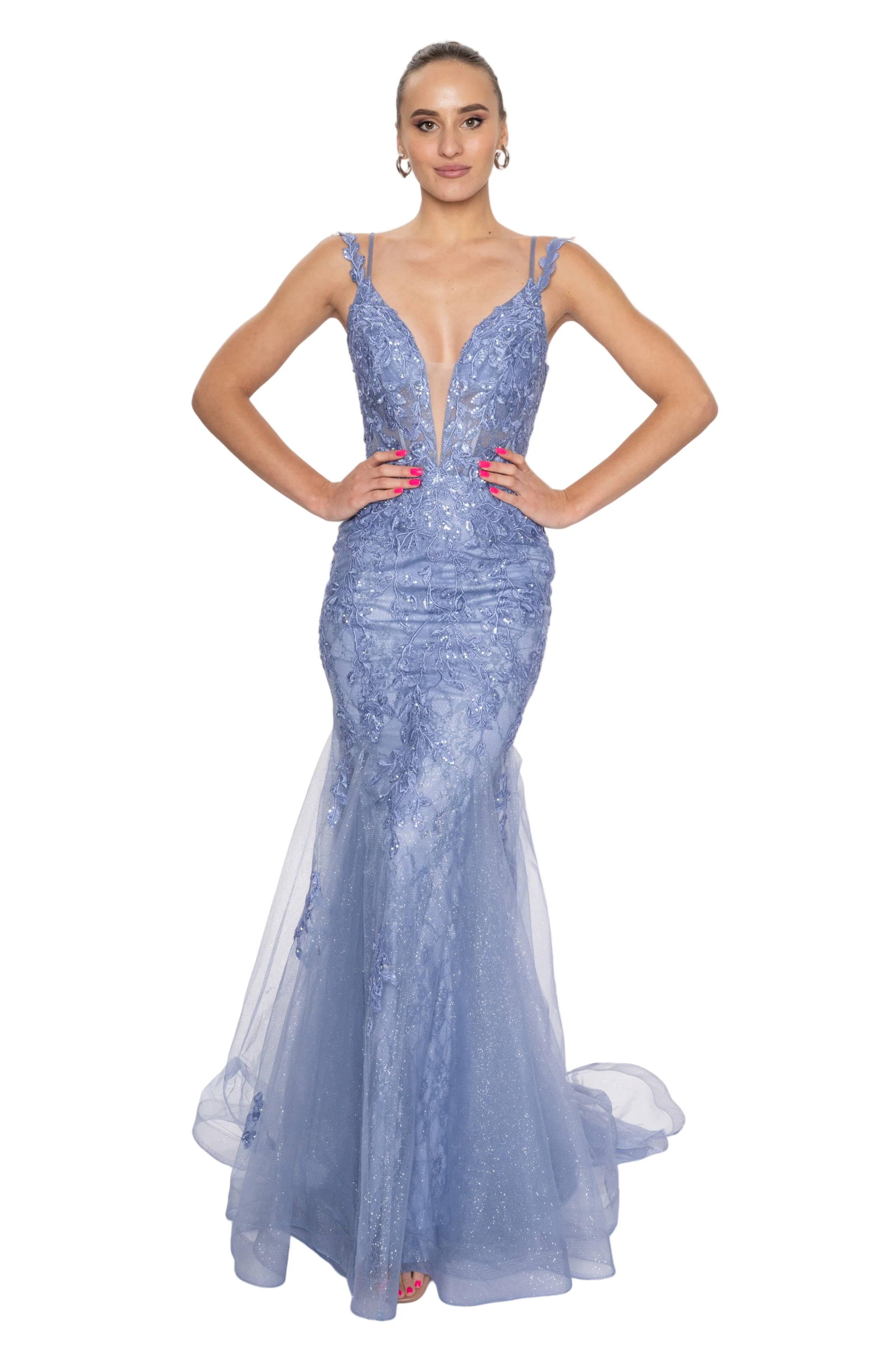 Nina Canacci 7600 Prom Dress Mermaid Lace Plunging V Neckline Corset Lace Straps - Image 2