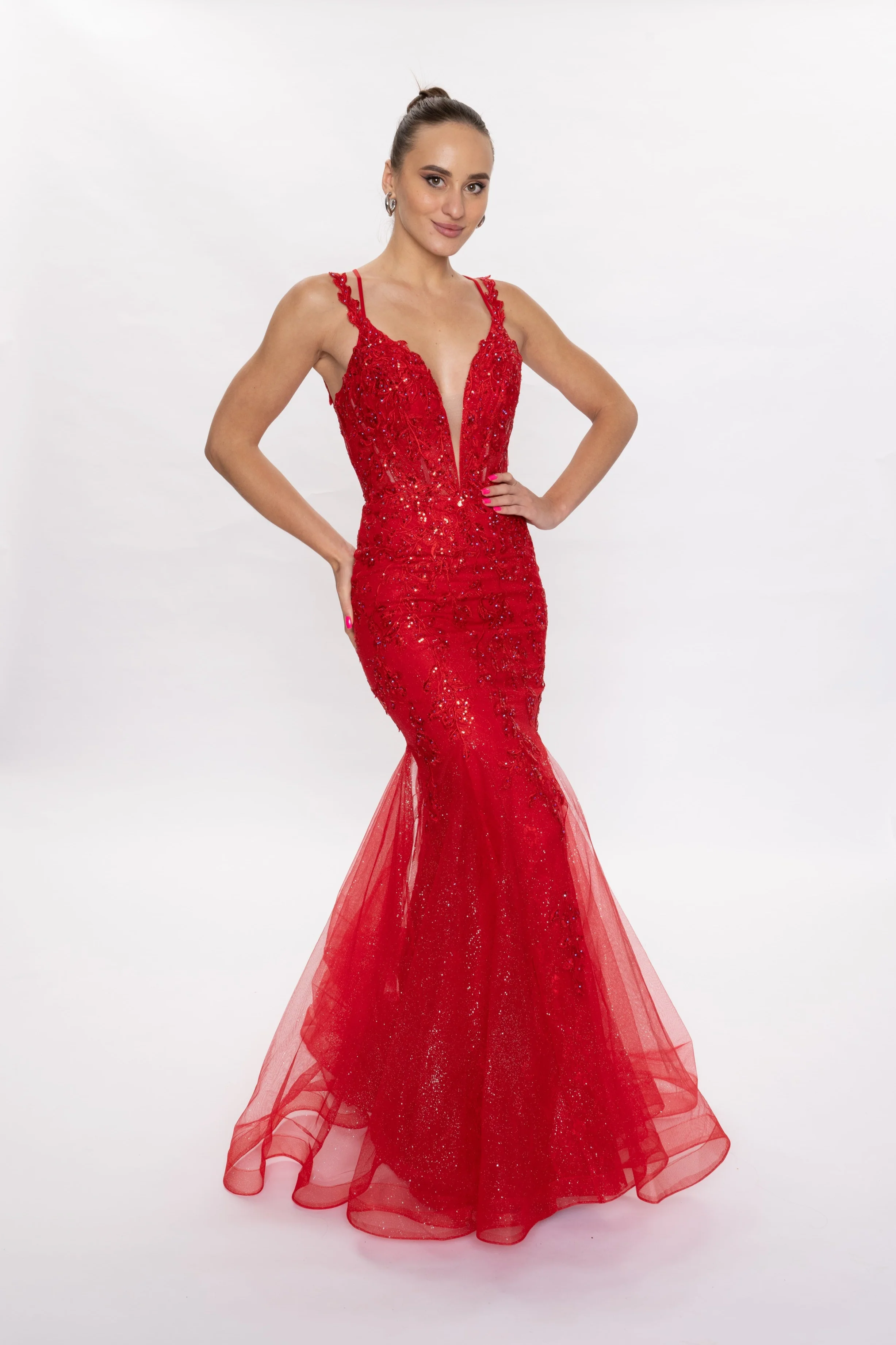 Nina Canacci 7600 Prom Dress Mermaid Lace Plunging V Neckline Corset Lace Straps