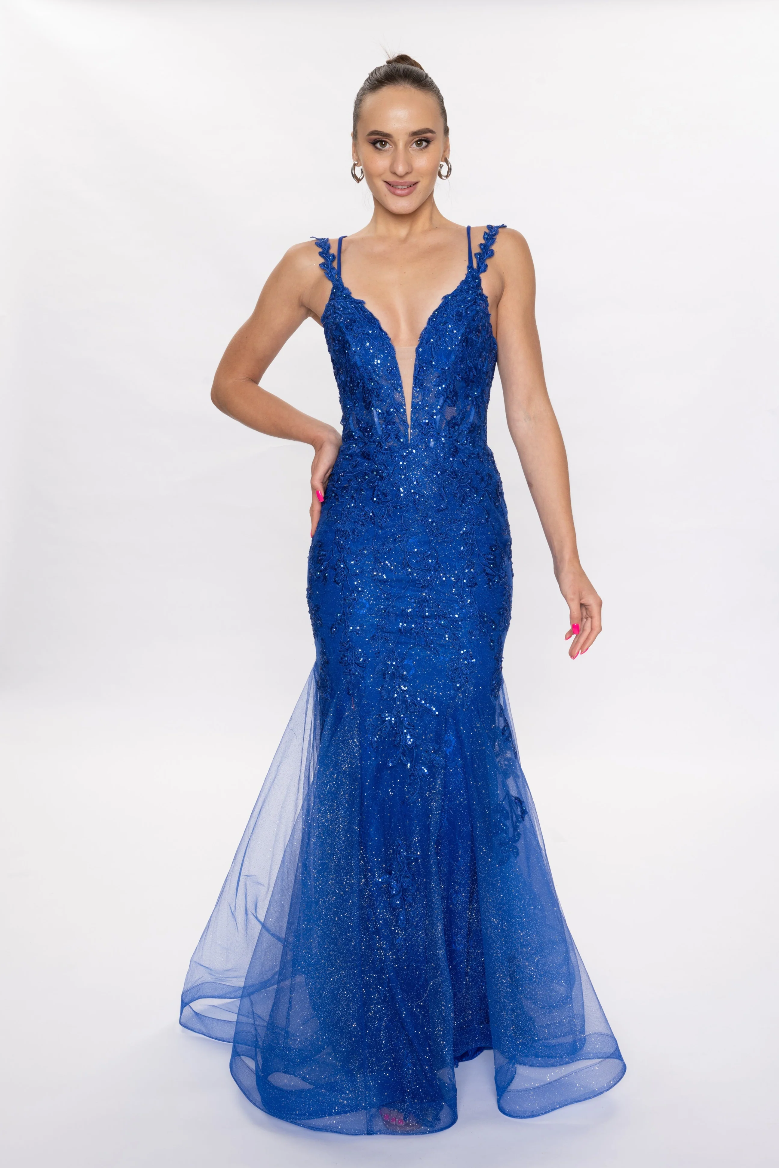 Nina Canacci 7600 Prom Dress Mermaid Lace Plunging V Neckline Corset Lace Straps - Image 3