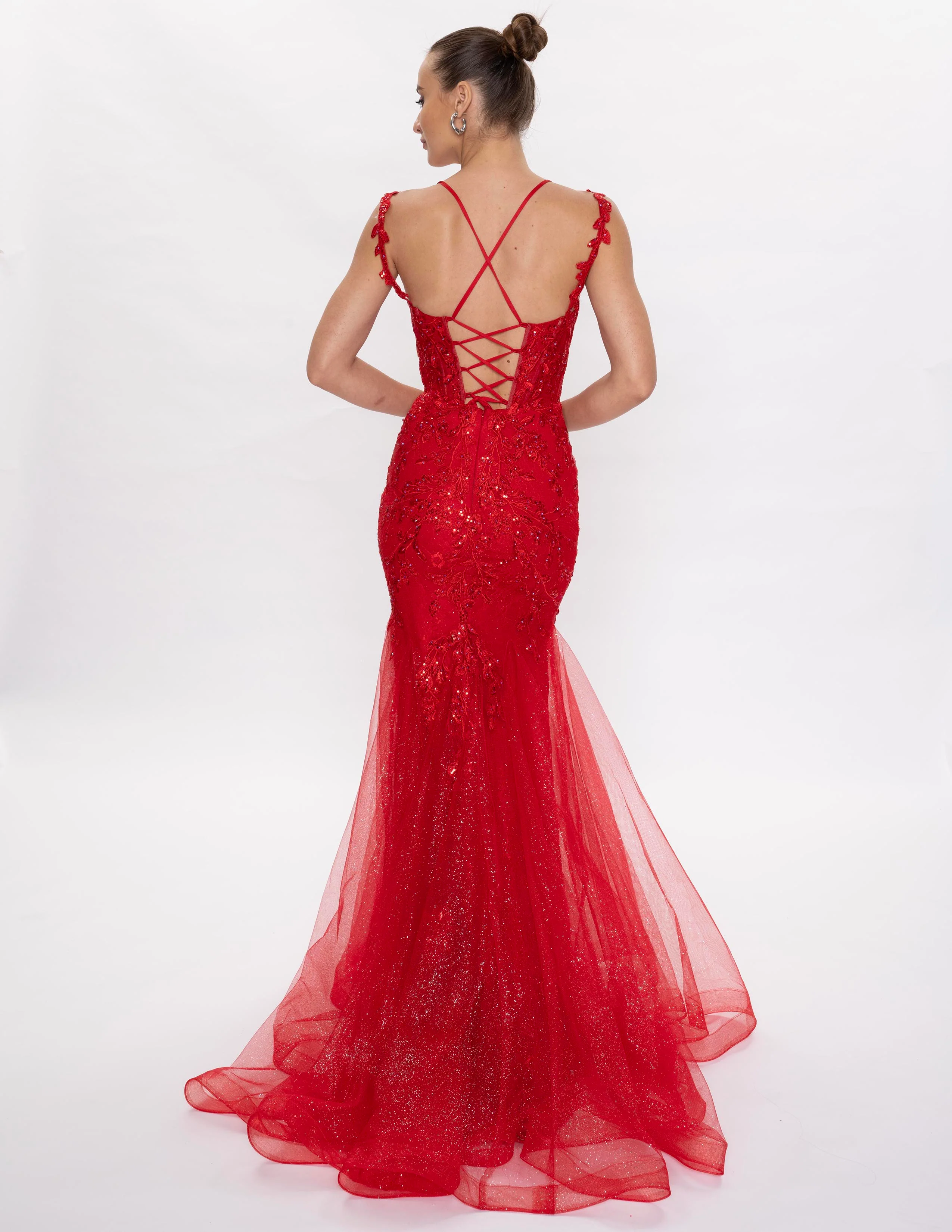 Nina Canacci 7600 Prom Dress Mermaid Lace Plunging V Neckline Corset Lace Straps - Image 6
