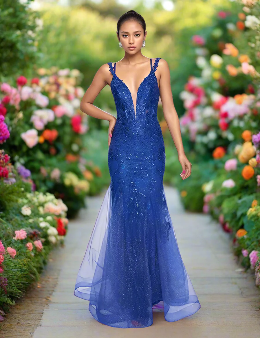 Nina Canacci 7600 Prom Dress Mermaid Lace Plunging V Neckline Corset Lace Straps - Image 7
