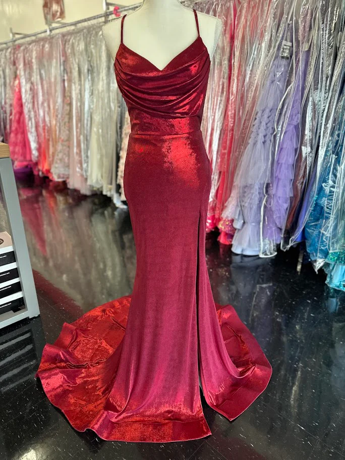 Nina Canacci 7604 Size 2 Burgundy Metallic Fitted Prom Dress Slit Train Corset Cowl Neck Gown