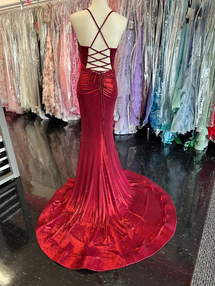 Nina Canacci 7604 Size 2 Burgundy Metallic Fitted Prom Dress Slit Train Corset Cowl Neck Gown - Image 2
