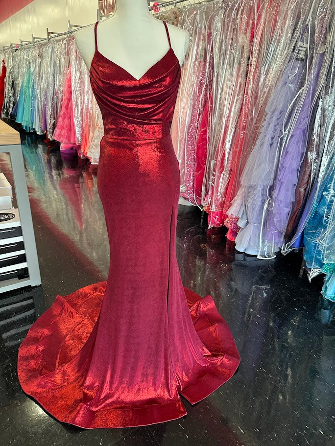 Nina Canacci 7604 Size 2 Burgundy Metallic Fitted Prom Dress Slit Train Corset Cowl Neck Gown - Image 9