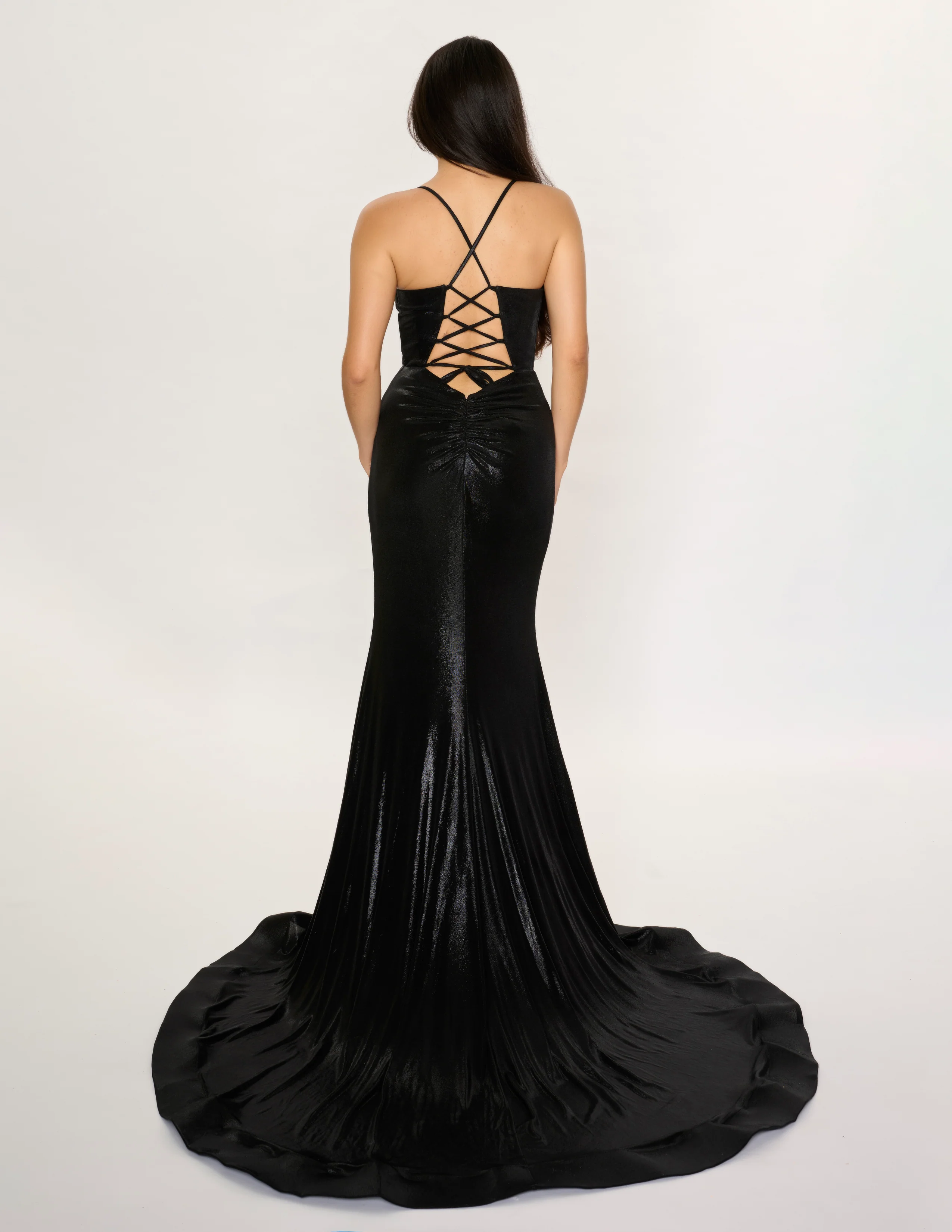 Nina Canacci 7604 Size 6 Royal Metallic Fitted Prom Dress Slit Train Corset Cowl Neck Gown - Image 4