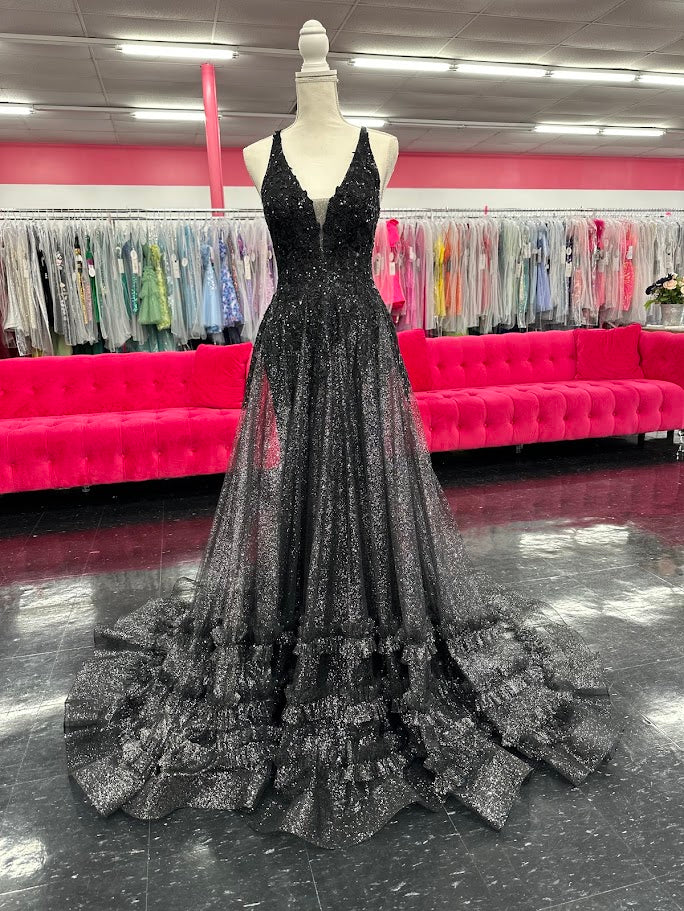 Nina Canacci 7607 Size 4 Black Sheath Prom Dress Sheer A Line Overskirt Ruffles Sequin V Neckline Corset Lace Up Back