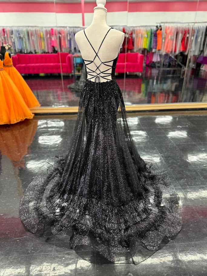 Nina Canacci 7607 Size 4 Black Sheath Prom Dress Sheer A Line Overskirt Ruffles Sequin V Neckline Corset Lace Up Back - Image 2